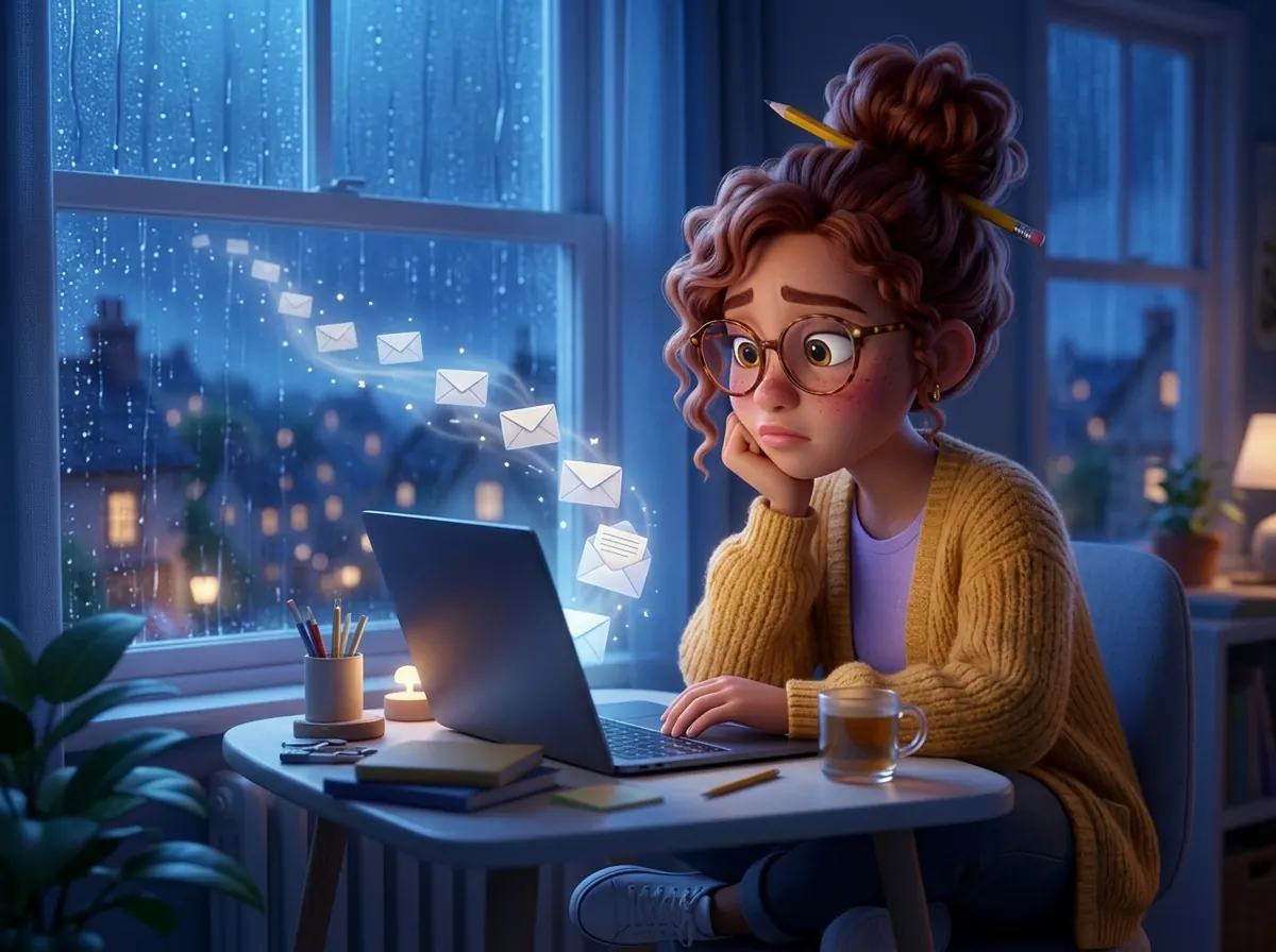 Illustration: at night, a freelancer rests her chin on her hand while her unanswered emails drift away from her laptop