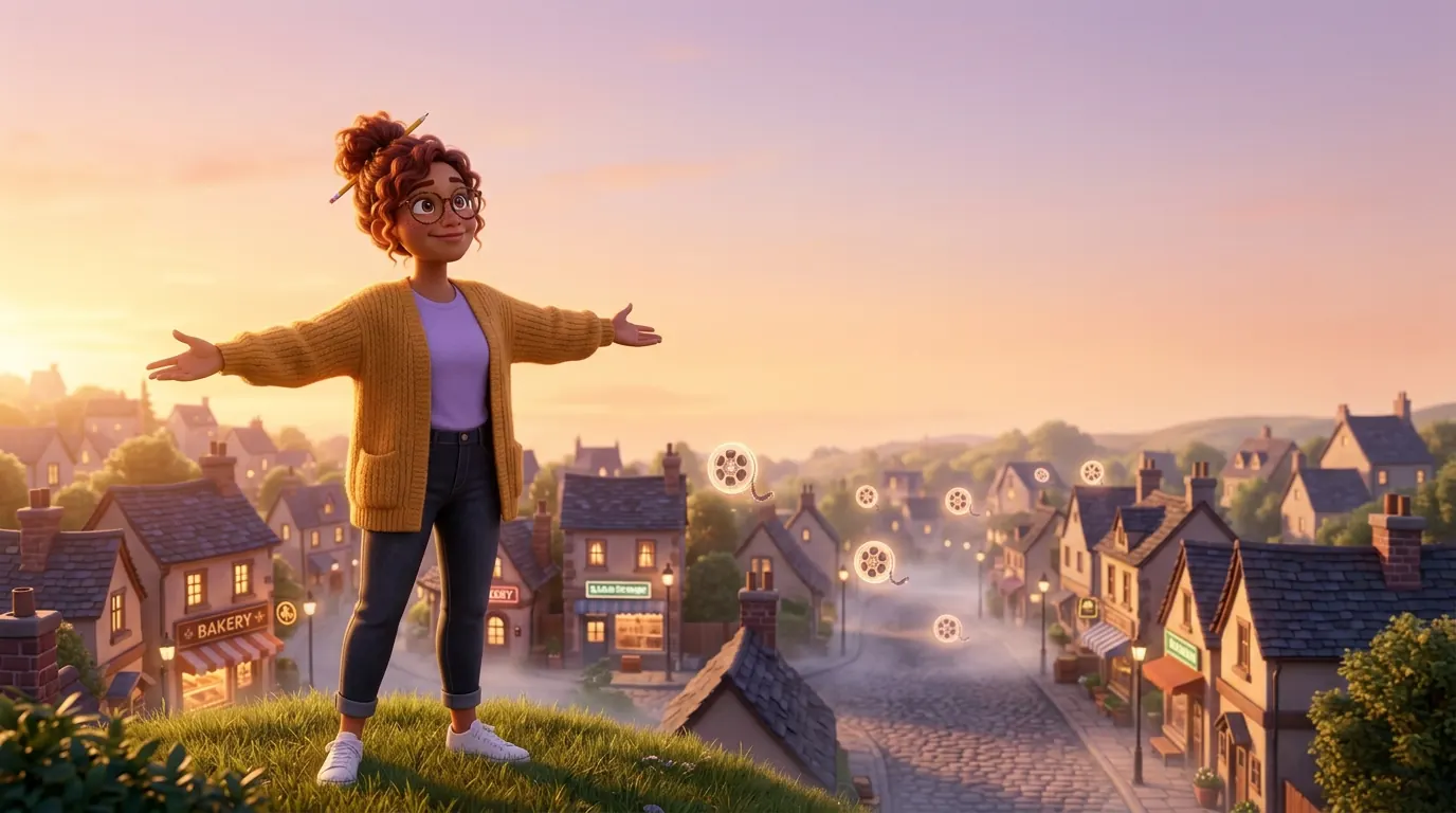 Illustration: at sunrise, the freelancer stands on a hill above the town as small glowing film reels float out toward the shops