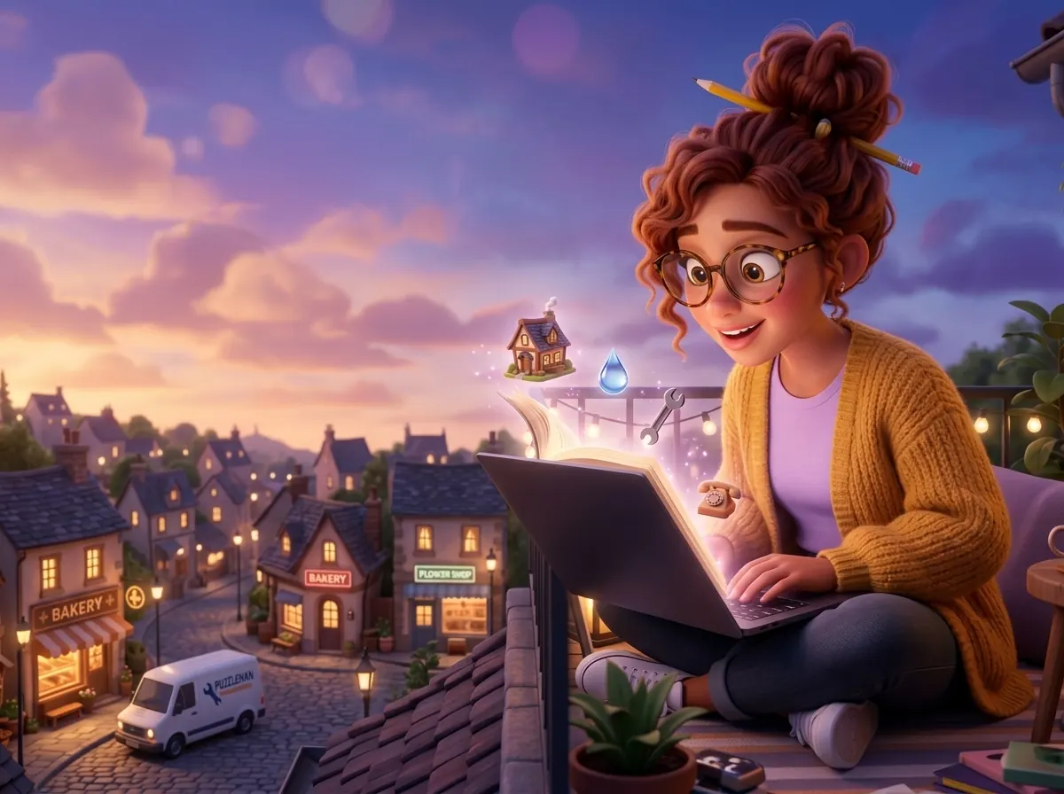 Illustration: the freelancer's eyes light up as a page lifts out of her laptop and unfolds into tiny scenes, a house, a drop of water and a wrench