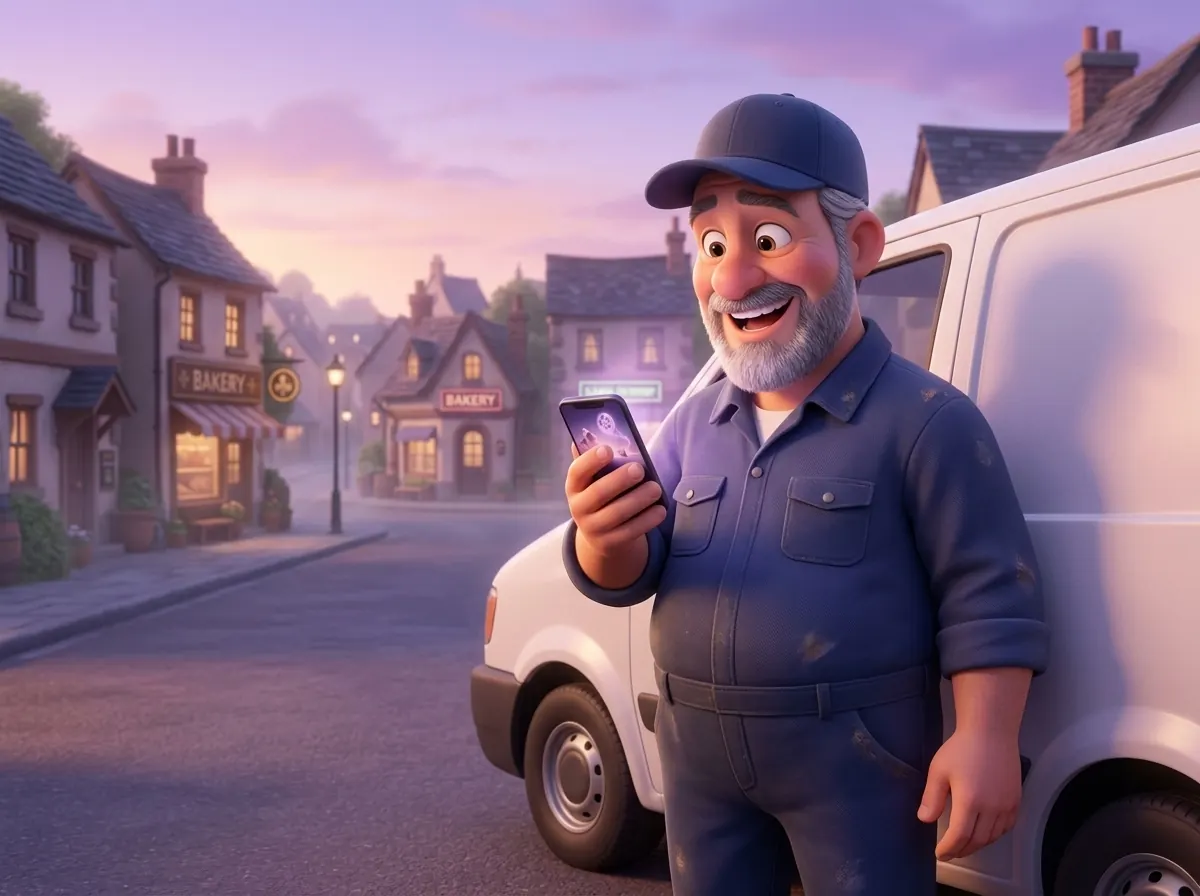 Illustration: at dawn, a plumber beside his van laughs as he watches a short animated film on his phone