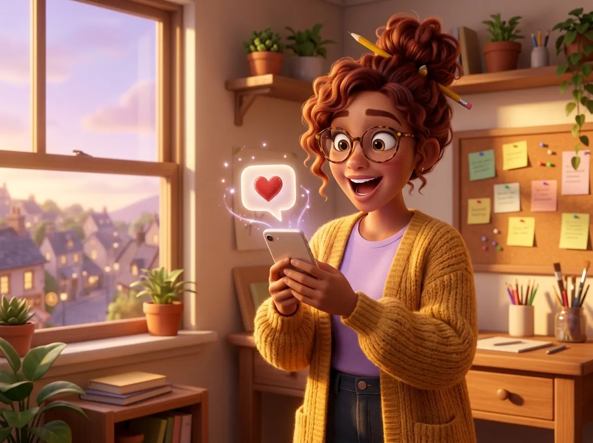 Illustration: the freelancer gasps with delight as a reply pops up on her phone
