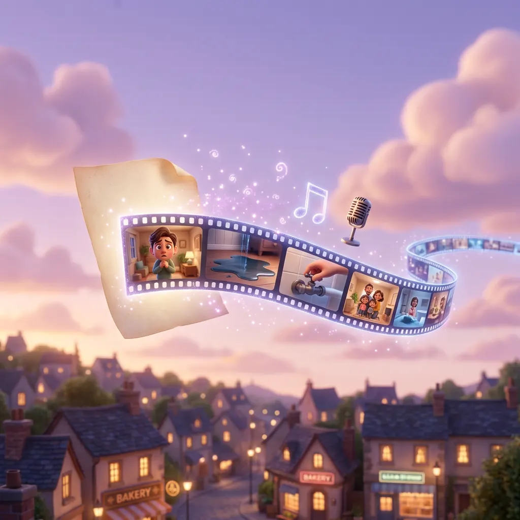 Illustration: a page of text floating in a lavender sky turns into a ribbon of film frames, with a music note and a microphone beside it